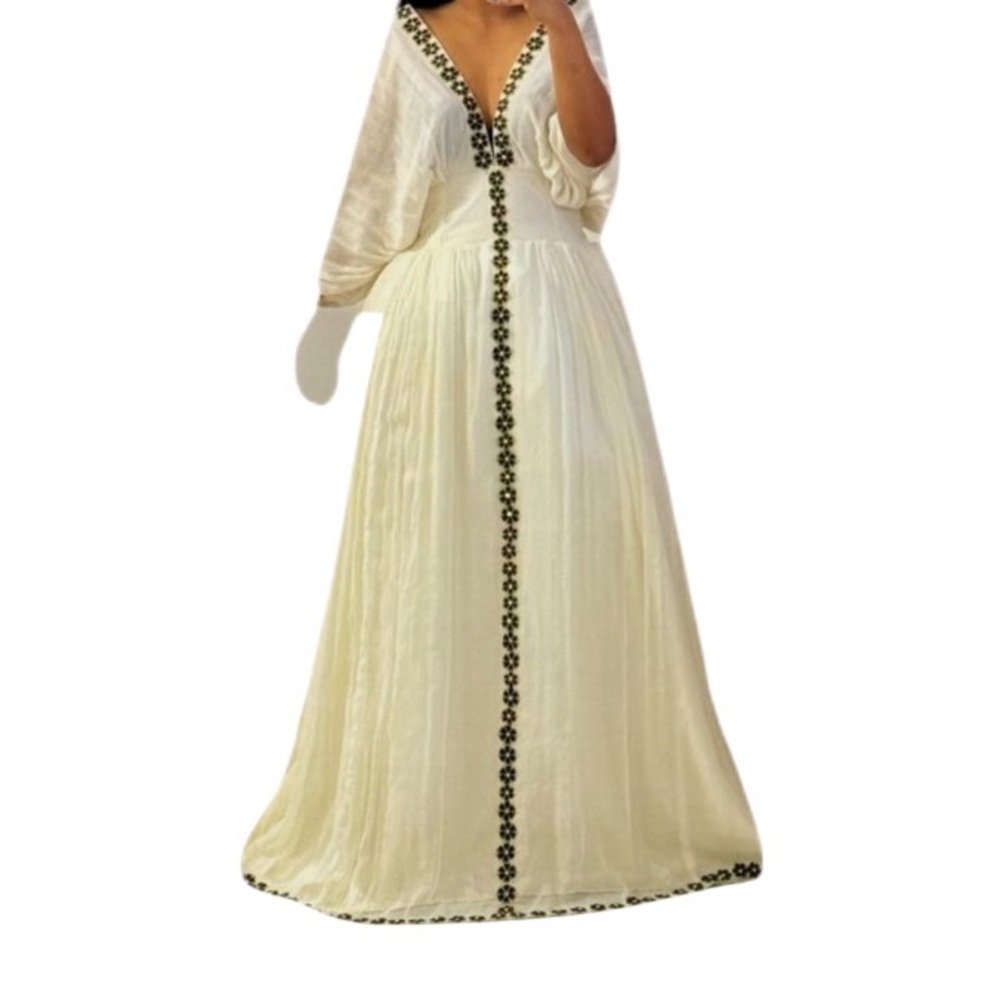 Ethiopian Eritrean Habesha Maxi Dress with white and dark green Detailing